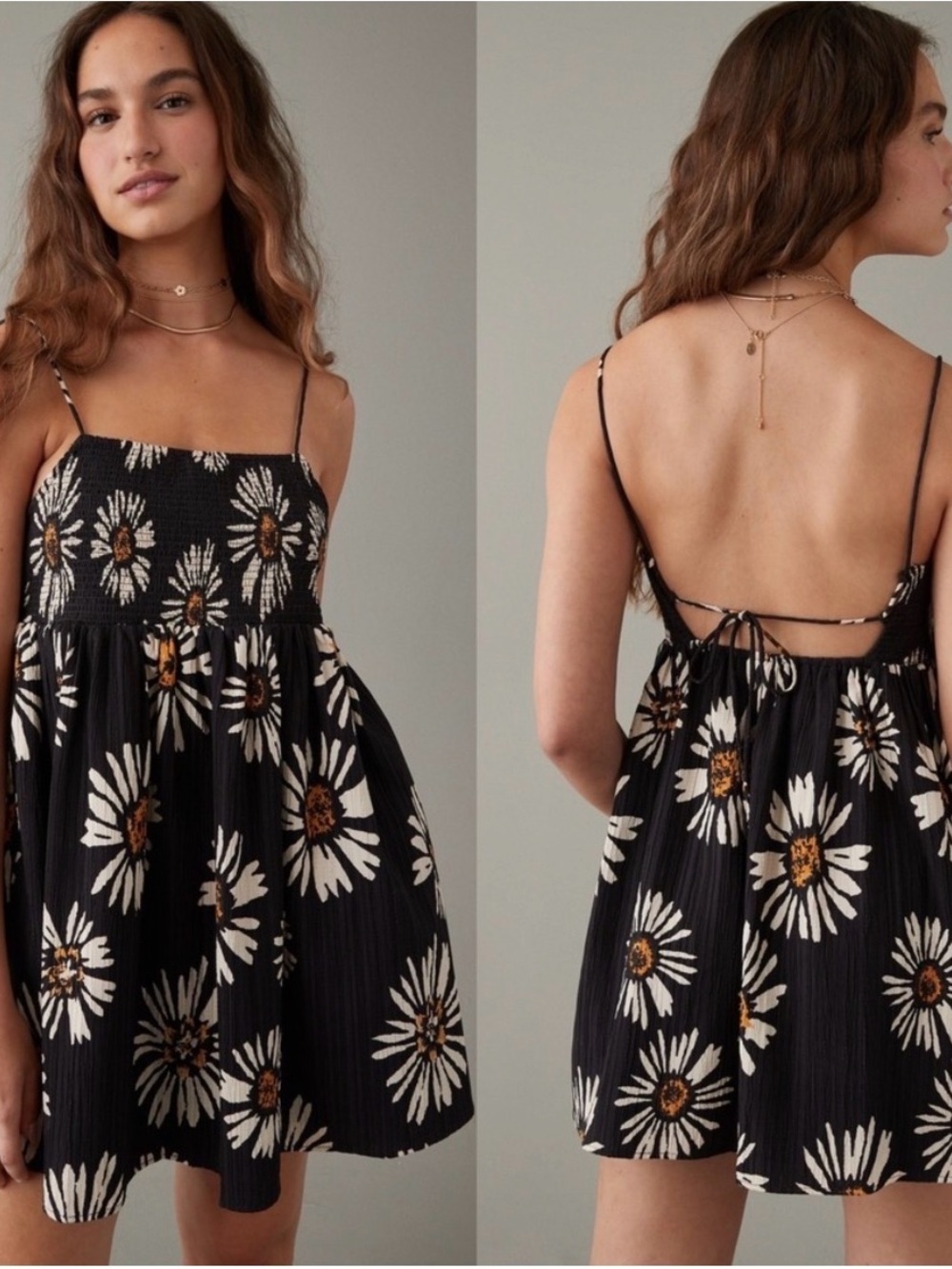 American Eagle Outfitters Black Daisy Backless Smocked Mini Dress